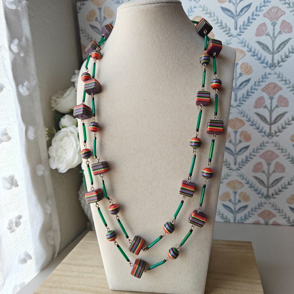 Vintage necklace with retro striped rainbow and bright green beads